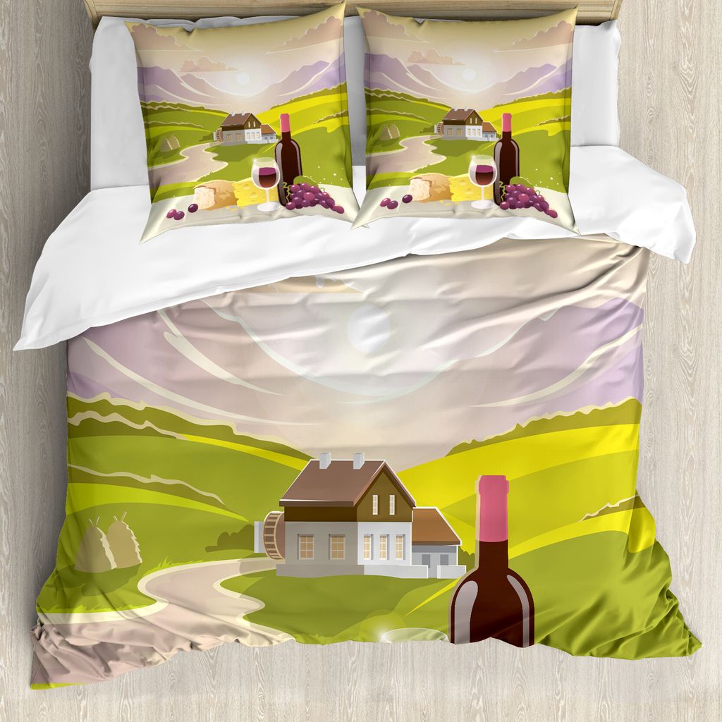 ABAKUHAUS Weingut Bettbezug, Französisch Land Szene, Milbensicher Allergiker geeignet mit Kissenbezügen, 155 cm x 220 cm - 80 x 80 cm, Grün, Lil...