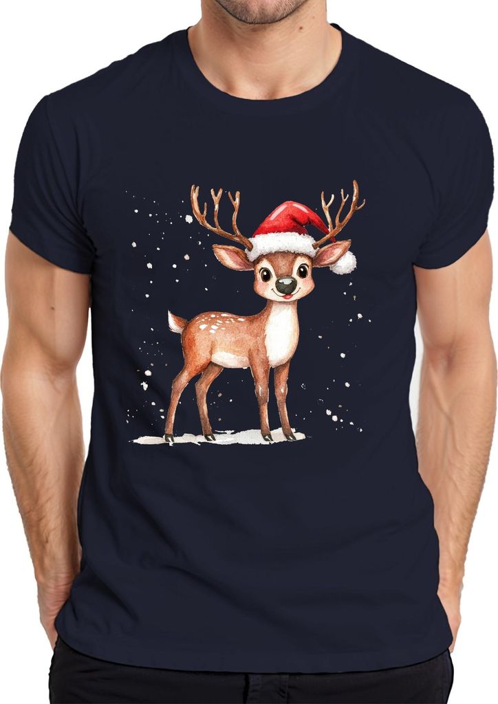 Weihnachtsrentier Niedliches Aquarell Kinder Geschenk Winter Süß Herren T-Shirt, Navy, XL