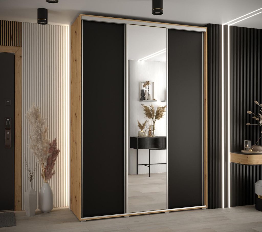 Kleiderschrank YVONA 3 – 170/45 cm, Eiche handwerklich / Schwarz / Silber