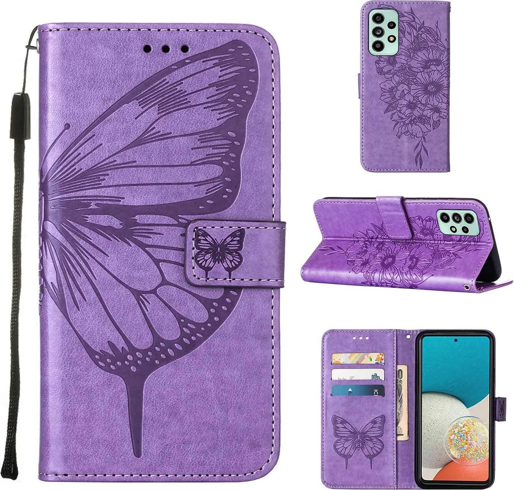 Galaxy A53 5G Case, Butterfly Relief Flip Custodia in pelle con slot per schede e stand per Samsung Galaxy A53 5G Purple