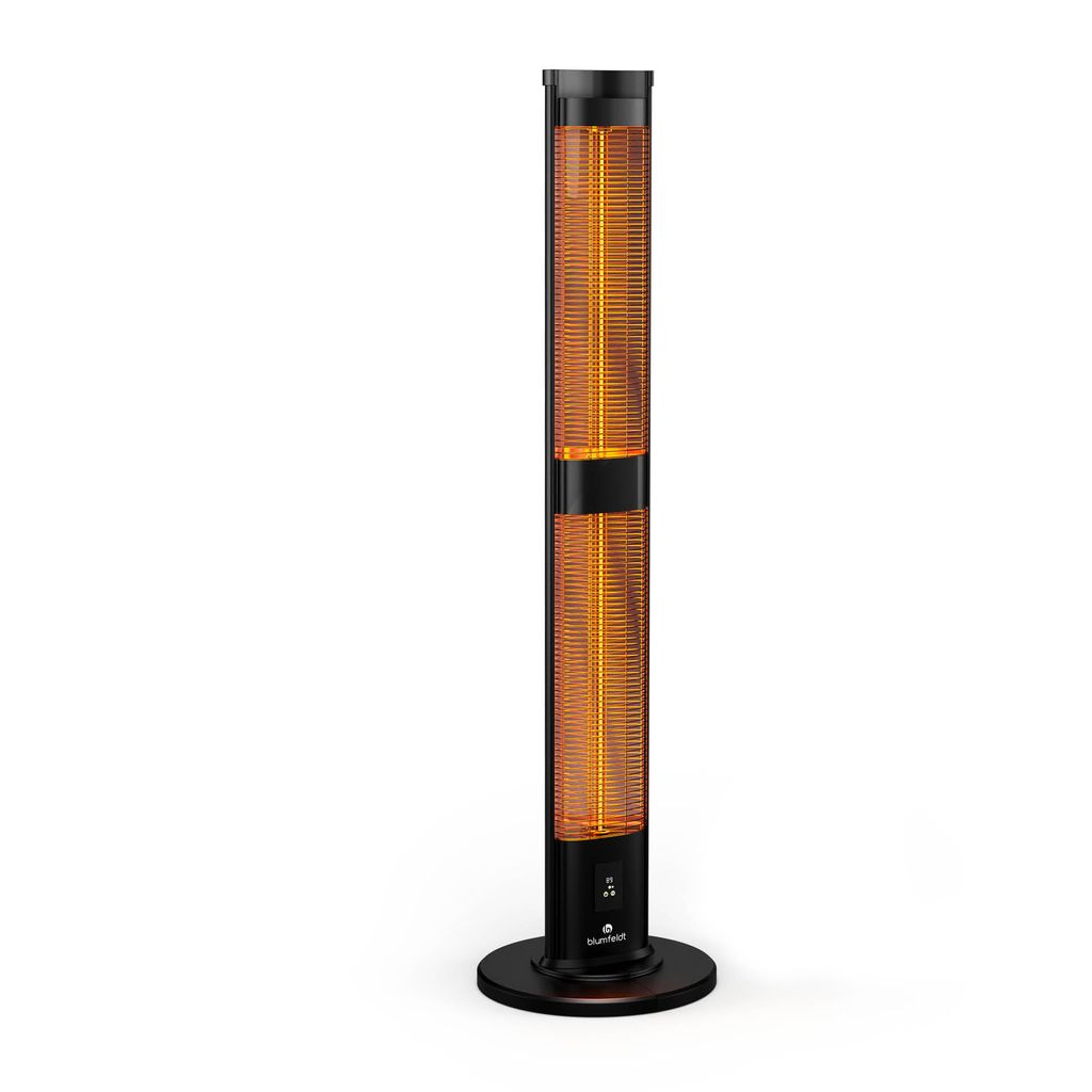 A tall, black, cylindrical patio heater with orange heating elements, standing on a black circular base against a white background.