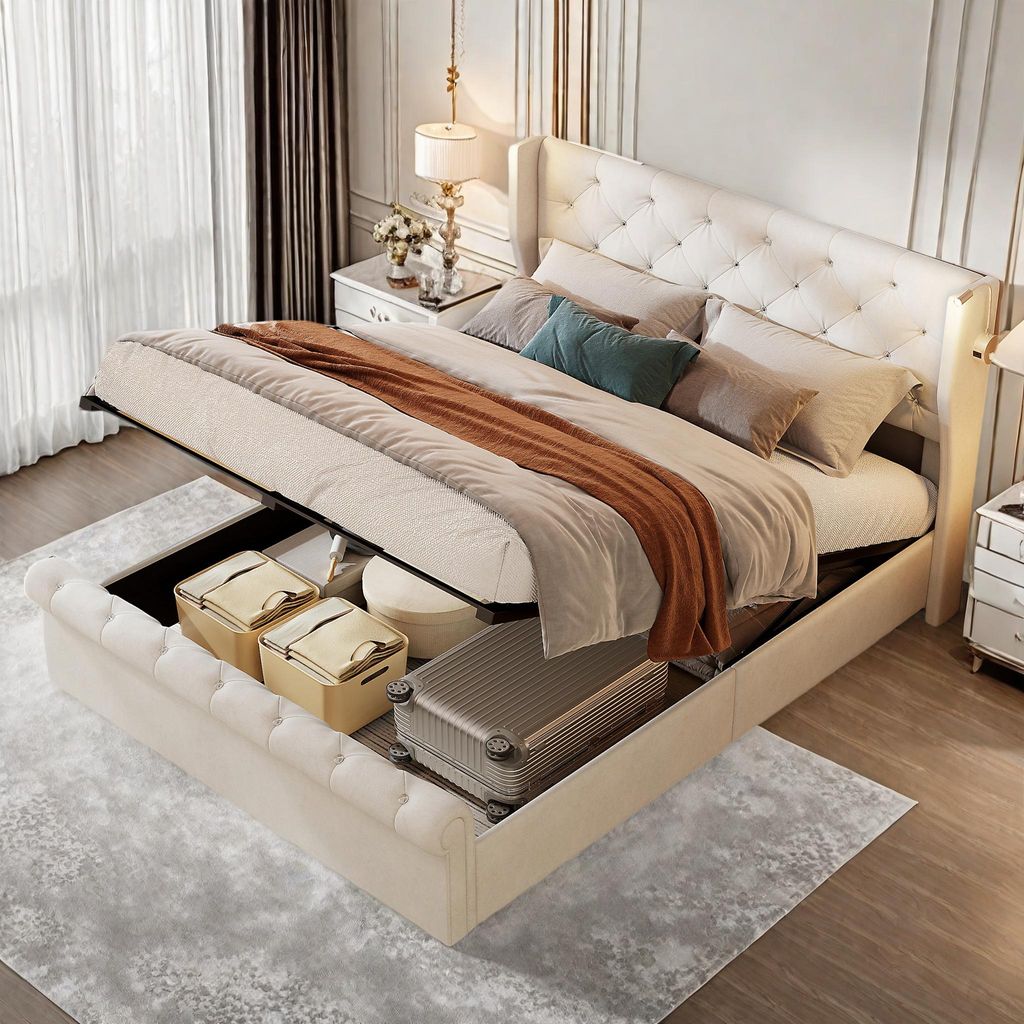 ProximaX Polsterbett mit hydraulischem Stauraum 160x200 cm in Beige aus Samt – Doppelbett mit LED-Beleuchtung am Kopfteil, elegantem Design und g...