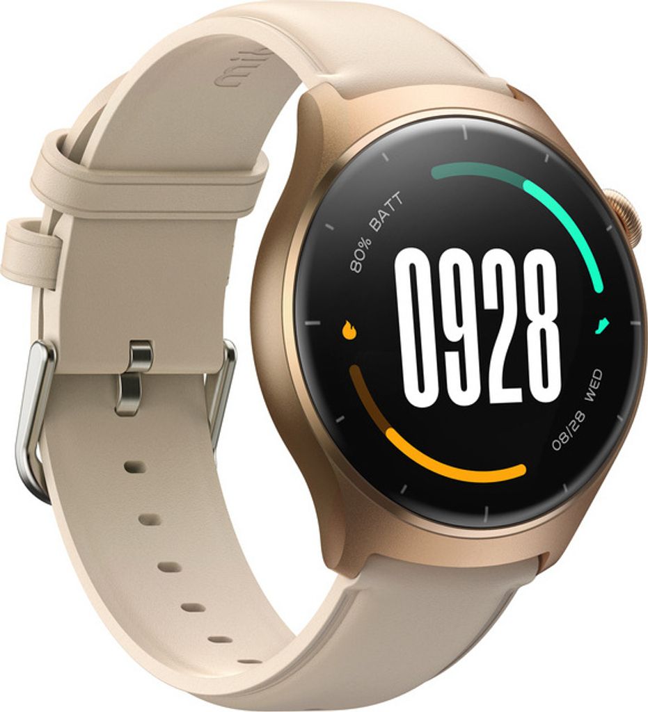 A smartwatch with a gold-colored casing and a beige strap is displayed against a white background.