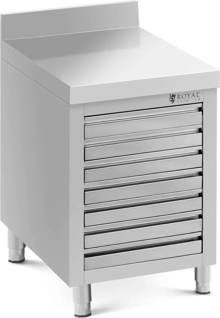Expondo Royal Catering Edelstahl-Arbeitsschrank - 50 x 70 cm - 185 kg - 7 Schubladen für Pizzaballen - mit Aufkantung -