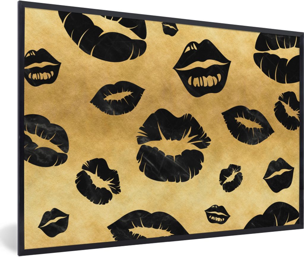 MuchoWow Gerahmtes Poster Muster - Kuss - Gold - Schwarz 30x20 cm - Poster mit Schwarzem Bilderrahmen Wandposter Rahmen Foto Bilder - Kunstdruck ...