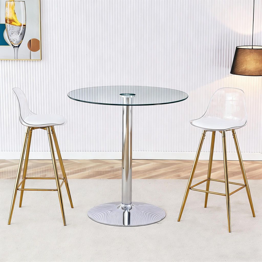 MODFU Esszimmerstuhl Set,Barhocker mit 2 Stühle goldfarbenen Metallbeinen und Esstisch mit Transparenter Glastisch,89 cm runder Tisch,Sessel mit V...