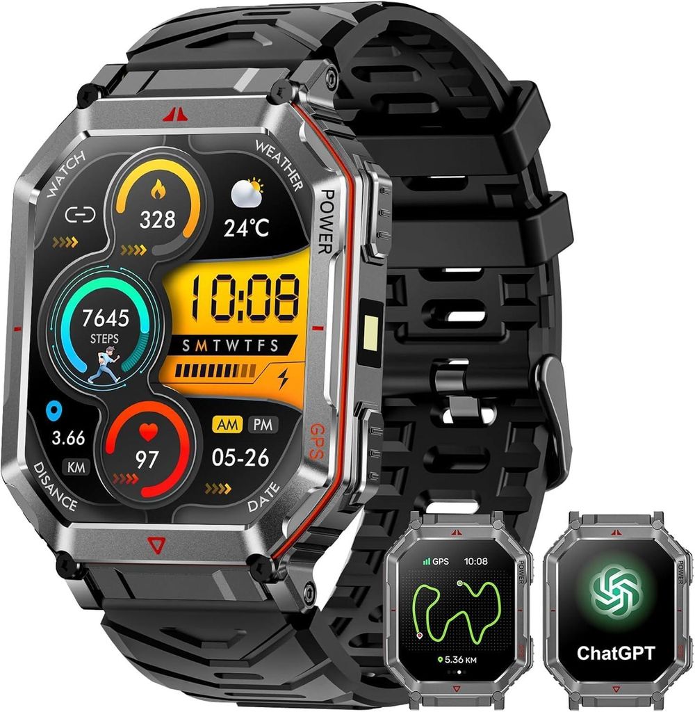 Smart Watch für Männer mit GPS / Kompass, GPT-Sprachassistent, mit LED-Taschenlampe, 2,01 "HD-Display Bluetooth-Anruf, mit mehreren Sportmodi