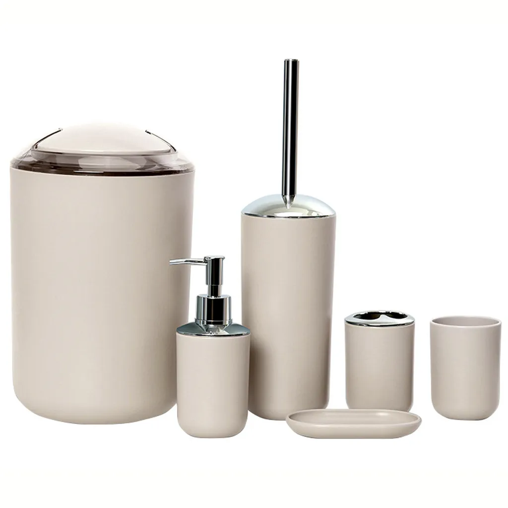 Set da bagno beige, accessori da bagno da 6 pezzi con dispenser per sapone, portaspazzolino, tazza per spazzolino, portasapone, scopino, cestino per rifiuti