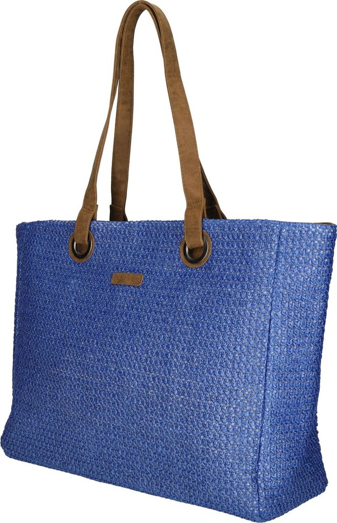 Große Stroh Damen Shopper Umhängetasche Tasche Leder Optik Schultertasche Büro Arbeit Stahlblau