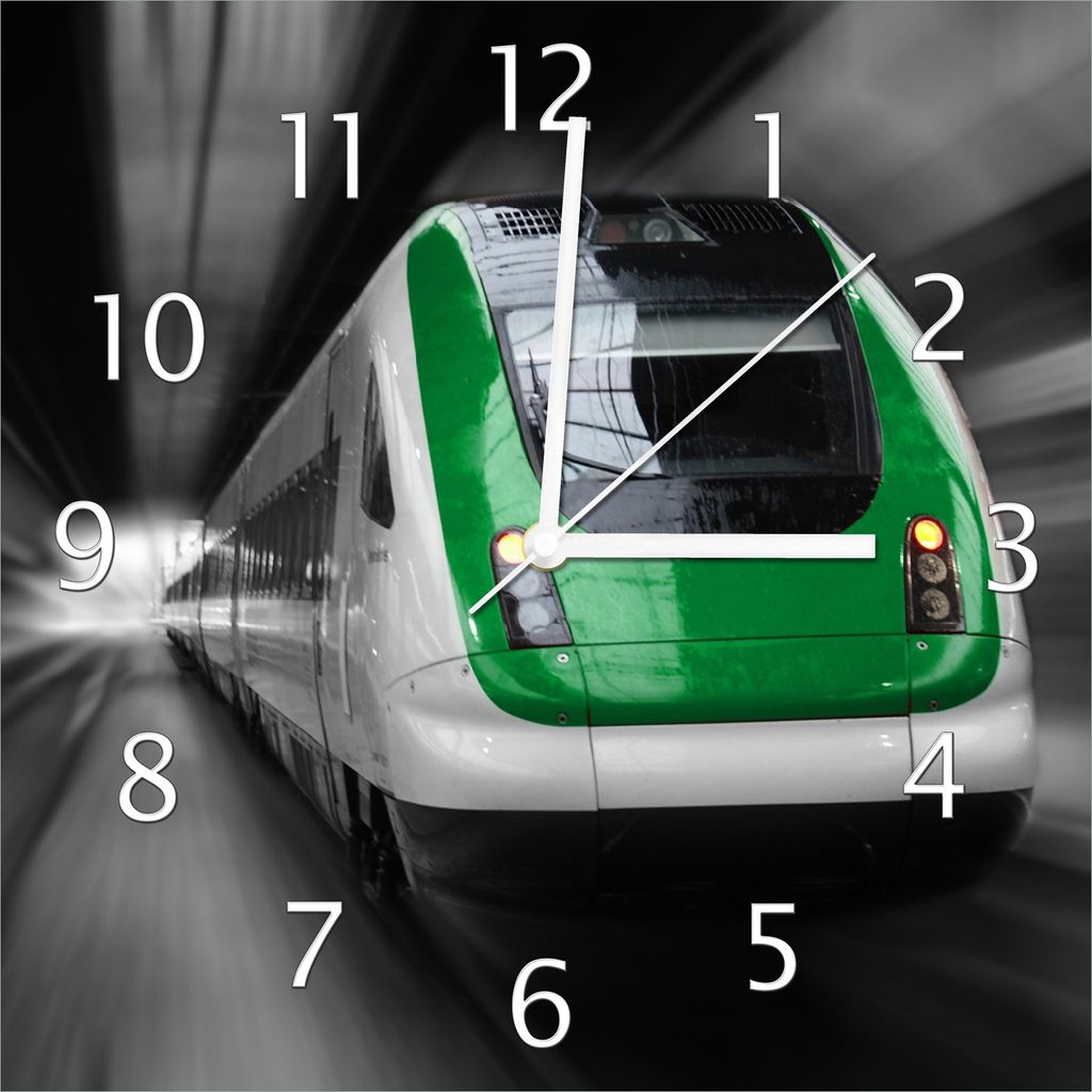 Wallario Design Wanduhr Fahrender Zug von vorn in grün - Perspektive von vorn aus Echtglas, Größe 30 x 30 cm