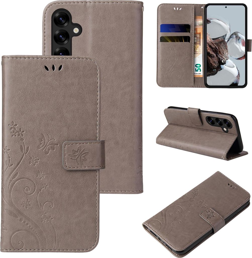 Handyhülle für Samsung Galaxy S25+ Floral Blumen Schmetterling Flip Cover Hülle Case Klapphülle Handytasche Farbe: Grau