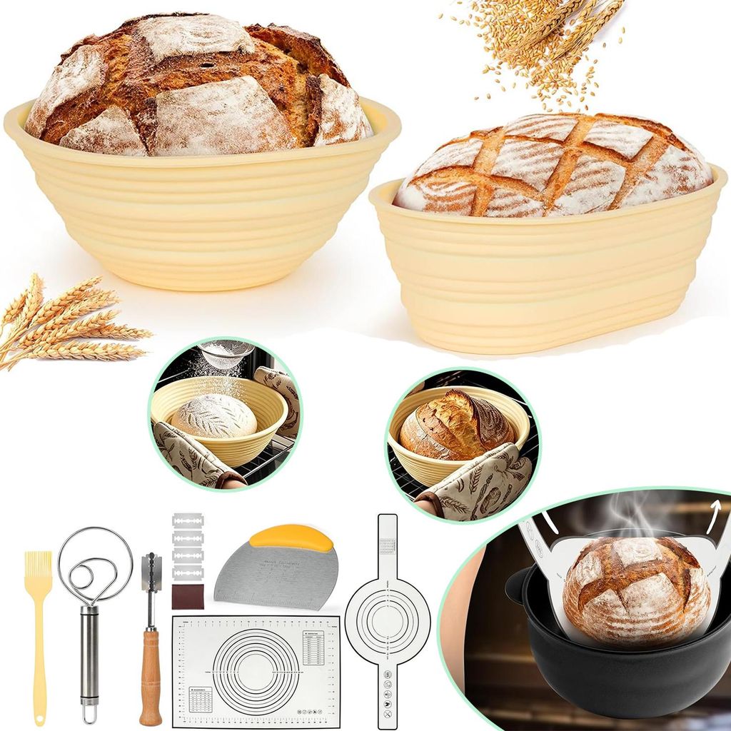 Sauerteig‑Backset, Silikon‑Gärkorb‑Set rund 9 Zoll und oval Produktbild 