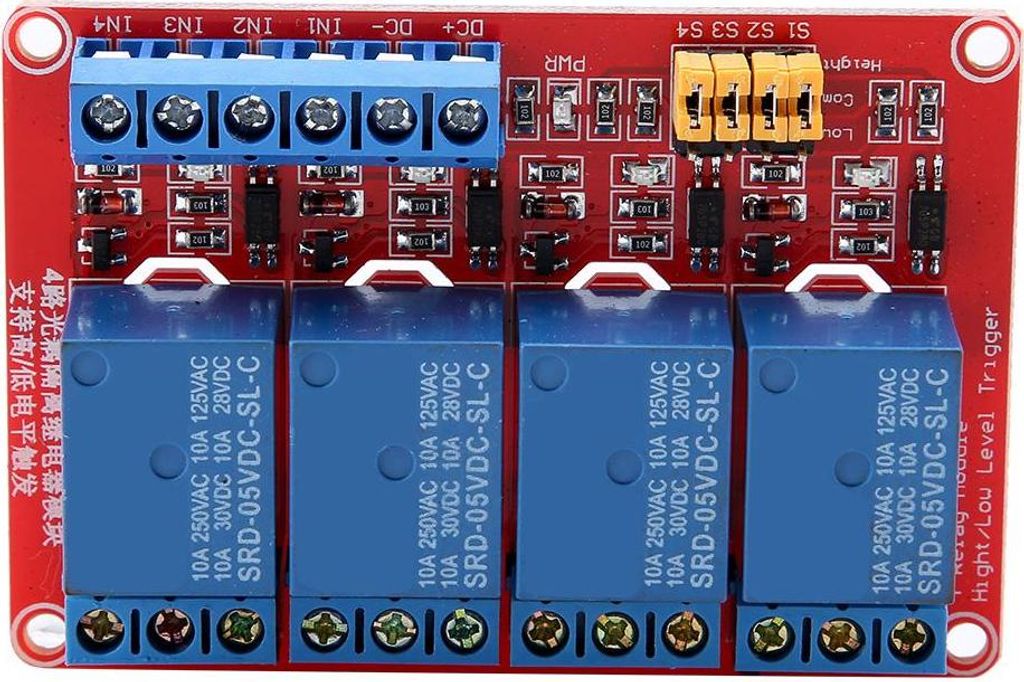 4-Kanal Optokoppler Relais Modul – High & Low Trigger Auswahl, 5V/12V/24V Betriebsspannung, 10A Schaltleistung