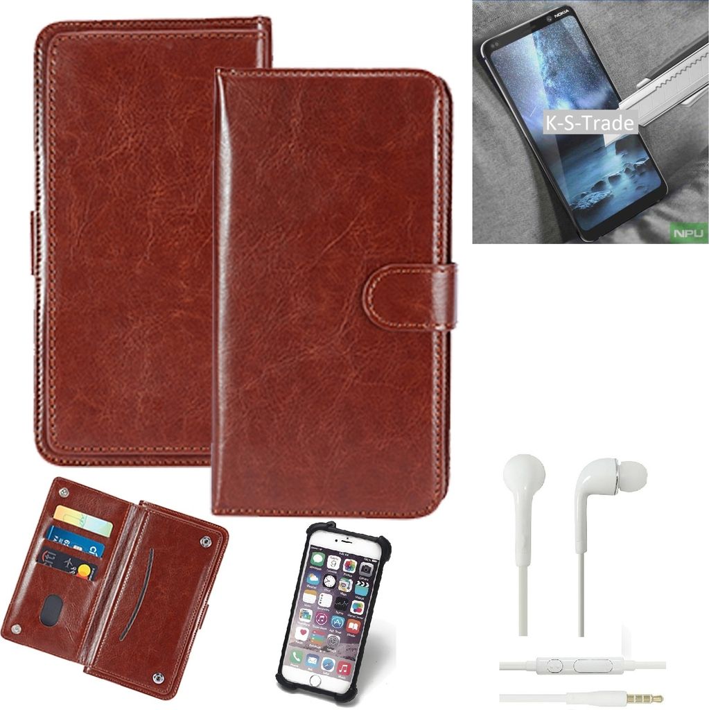 K-S-Trade 360° Hülle kompatibel mit Nokia 9 PureView inkl. Headphones braun Kunstleder Case BookCase WalletCase Kunstlederederhülle Handyhülle,