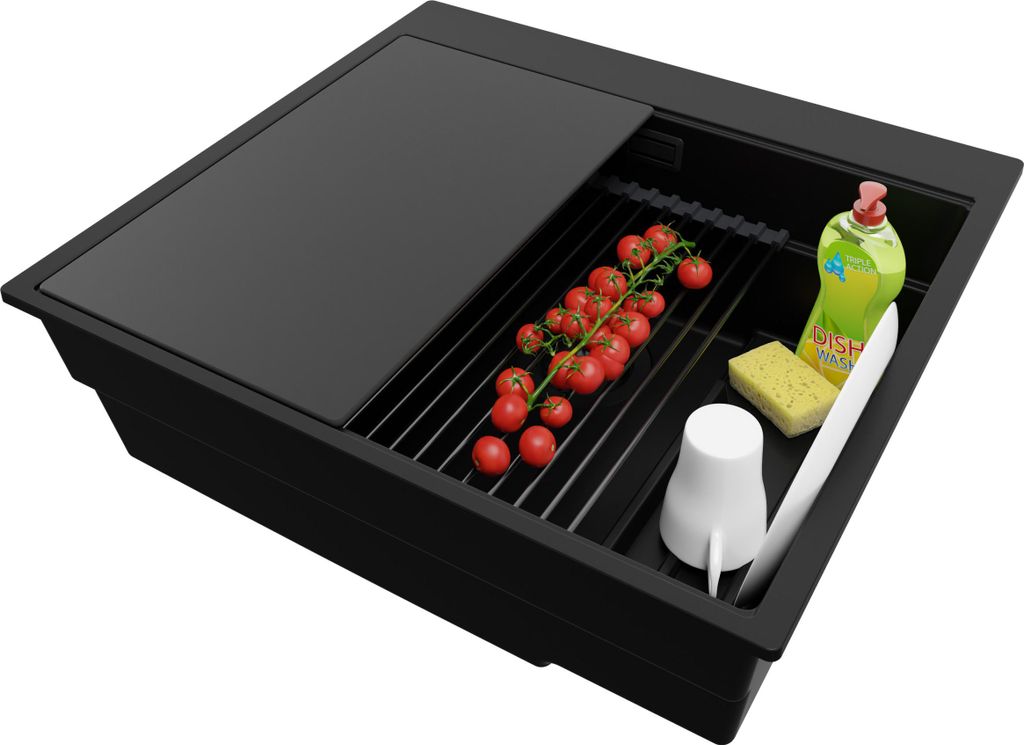 PRIMAGRAN Spülbecken Alles Schwarz 58x53cm, Granitspüle 1 Becken + Ablauf-Set + Küchenzubehörset, Küchenspüle ab 60er Unterschrank - Oslo Max
