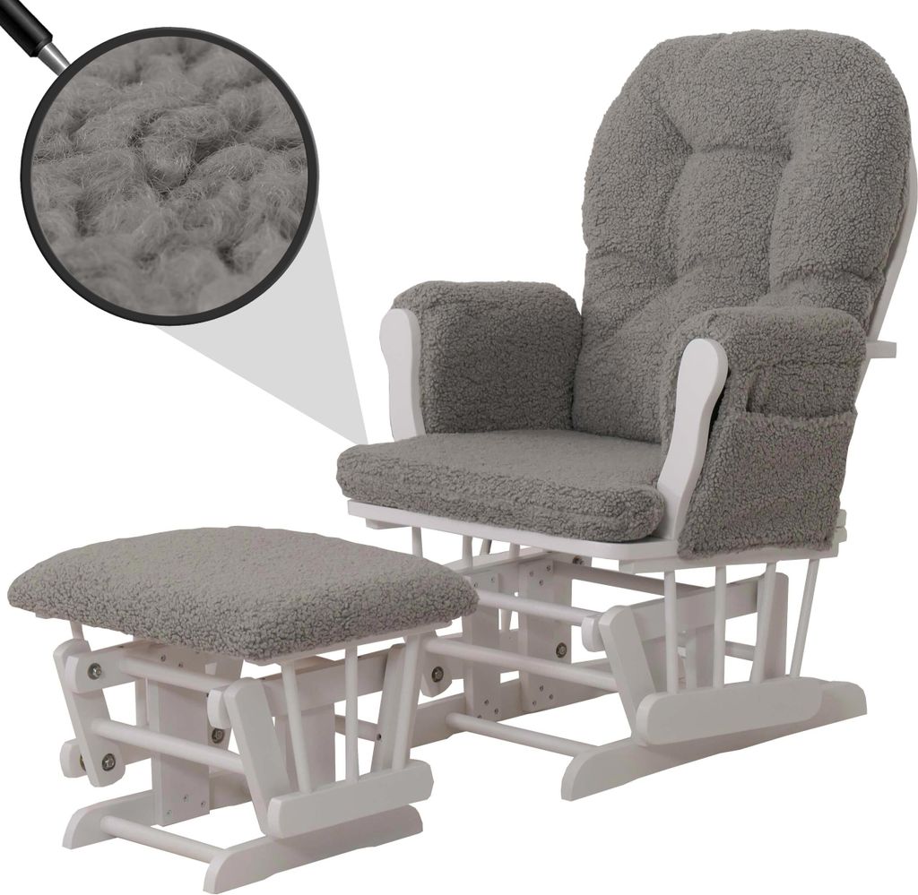 Relaxsessel MCW-C76, Schaukelstuhl Sessel Schwingstuhl + Hocker Stoff Bouclé 480g/m² grau Gestell weiß