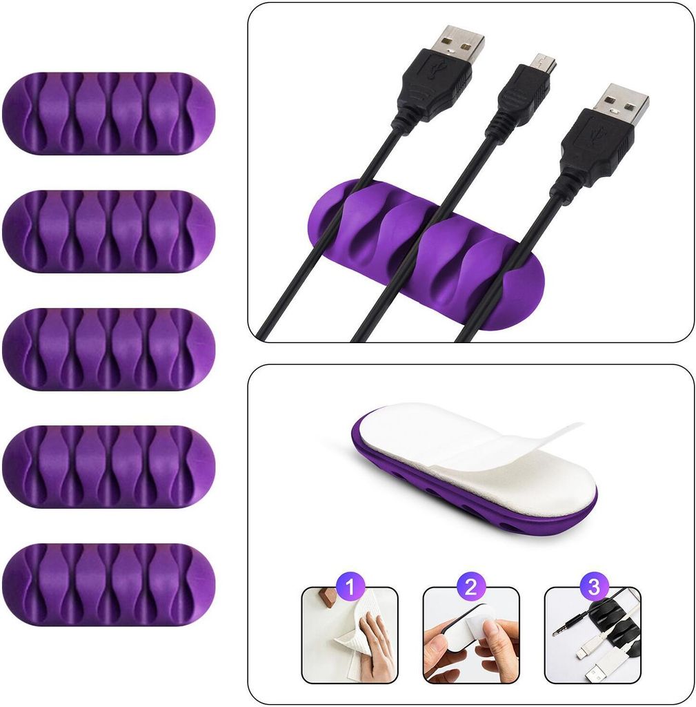 Kabel Organizer Kabelmanager 5-fach Kabelhalter Klemme Clip selbstklebend Schreibtisch Büro Farbe: Lila Menge: 5 Stück