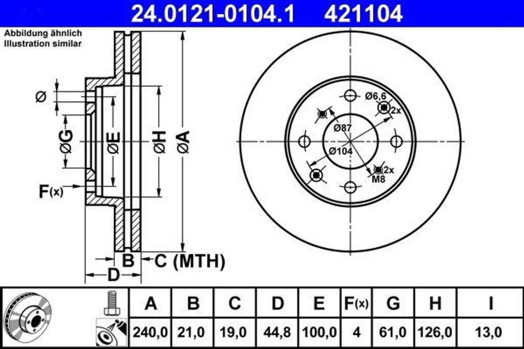 ATE 24.0121-0104.1 Bremsscheibe OE 45251SH1A00 kompatibel mit Civic
