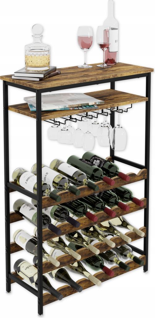 A wine rack filled with wine bottles and wine glasses, with a decanter and books on the top shelf.