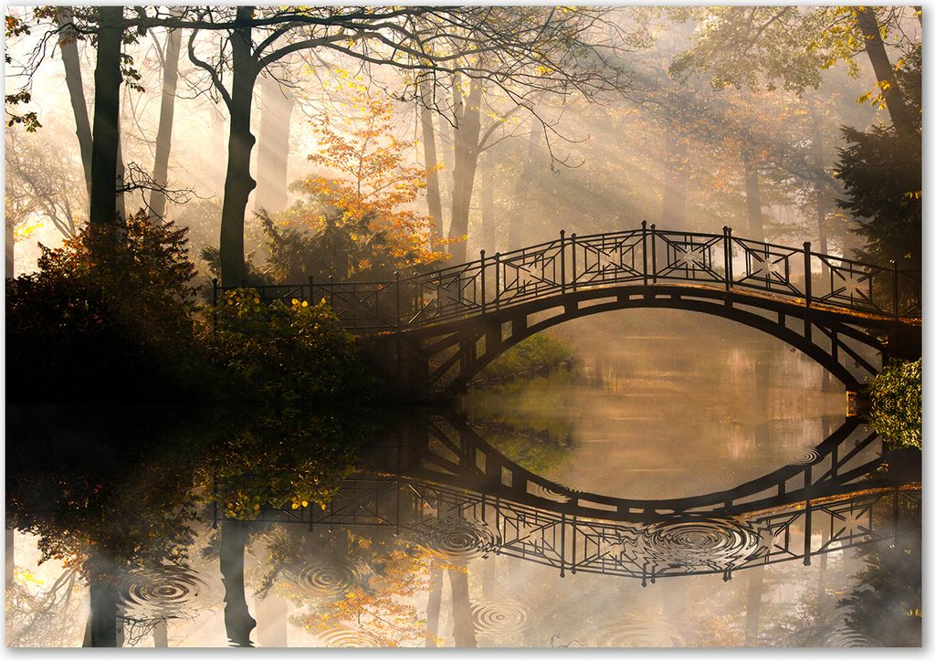 Tulup Leinwandbild - 100x70 cm - Wandkunst - Drucke auf Leinwand - Leinwanddruck - Landschaften - Braun - Alte Brücke Herbst