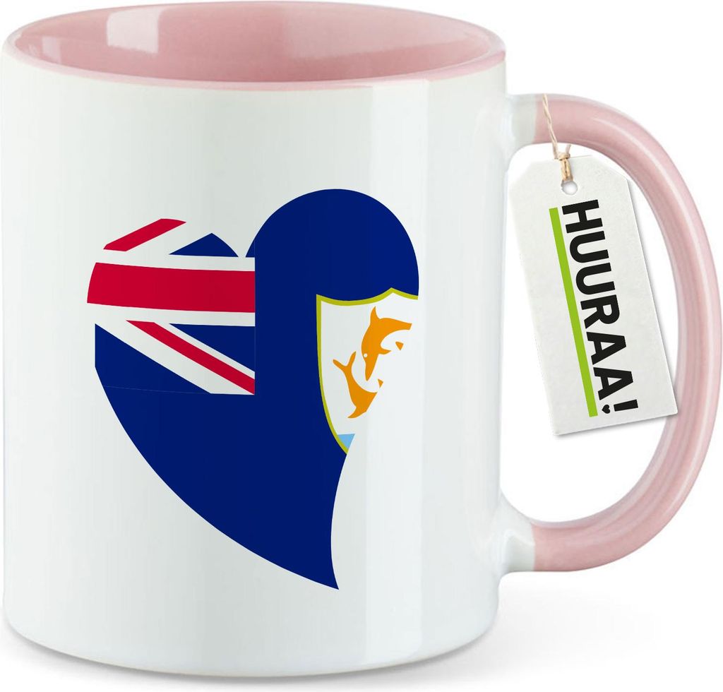 Huuraa Kaffeetasse Anguilla Flagge Herz 330ml Rosa Keramik Kaffeebecher Geschenkidee