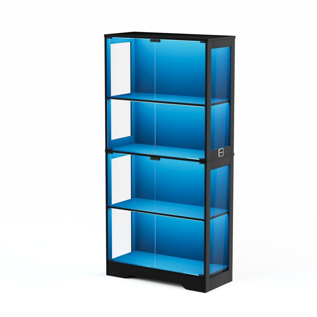 A four-tier glass display cabinet with blue interior lighting.