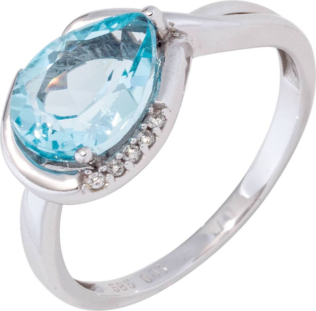 JOBO Damen Ring 585 Gold Weißgold 1 Blautopas hellblau blau 5 Diamanten Brillanten Größe 54