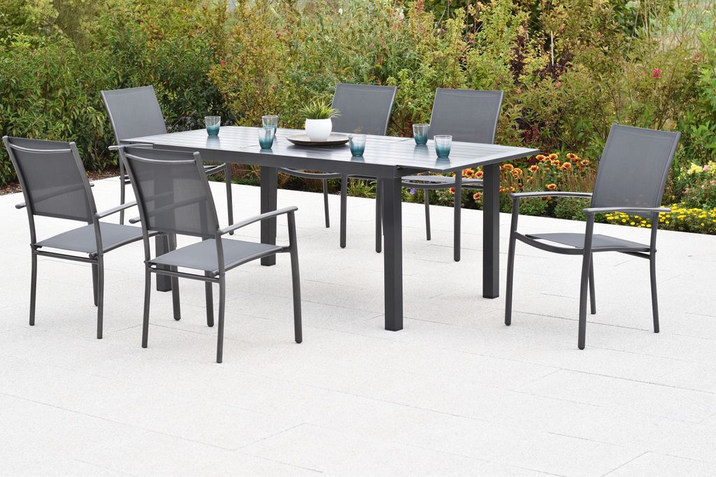 Merxx "Milano" Set 7tlg., 6 Stapelsessel, Ausziehtisch 150 (210) x 90 cm, Tischplatte aus Aluminium, grau, Aluminium/Textil