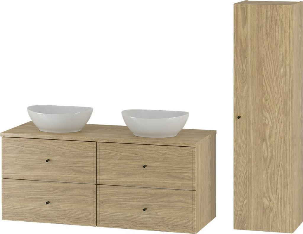 Badmöbel-Set 2-teilig mit 120 cm Waschtisch, Hochschrank & Keramik Waschbecken in Eiche mit Softclose-Funktion - MURANO-140
