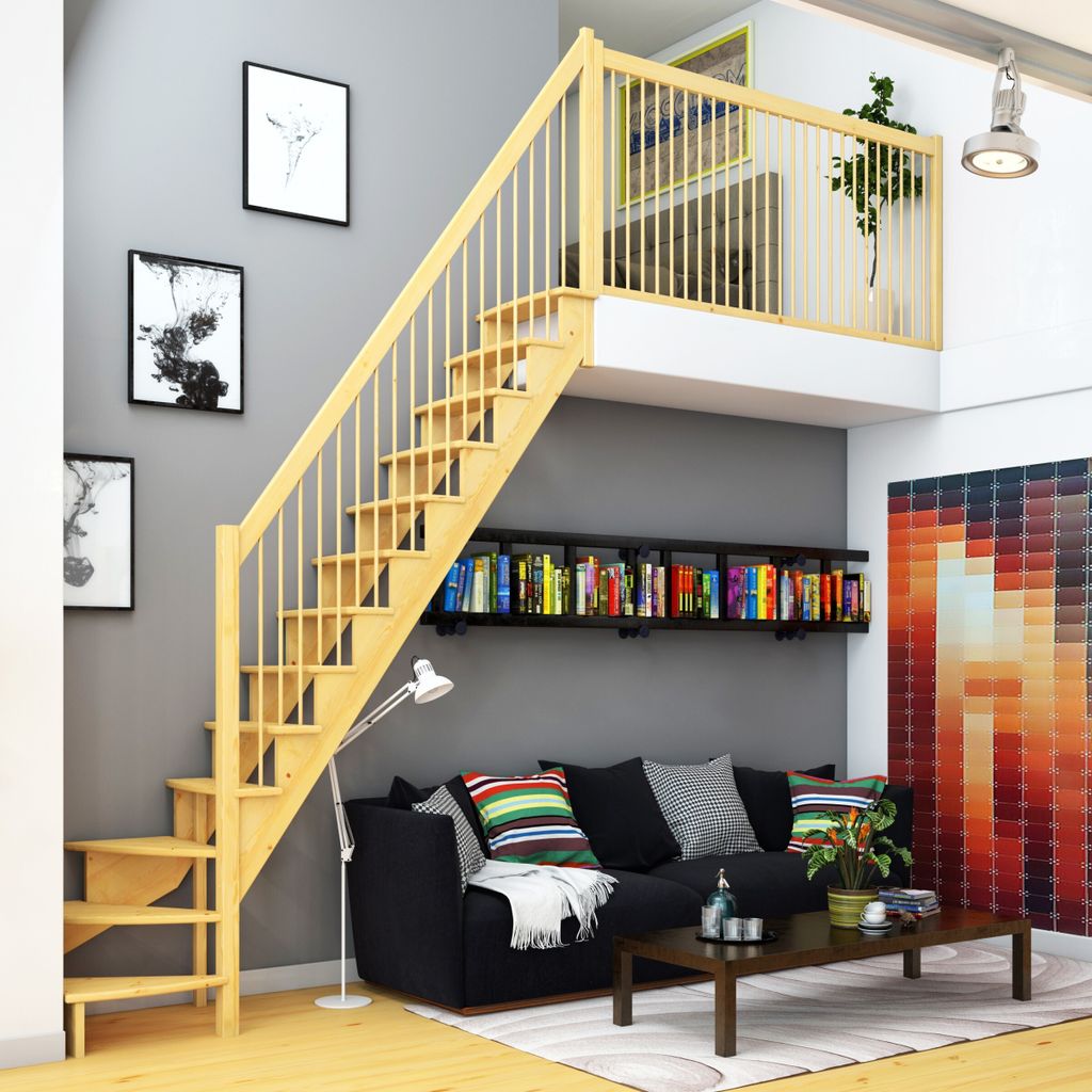 Dolle Raumspartreppe Lyon inkl. einseitigem Geländer Kiefer versiegelt Treppenlauf 1/4 gewendelt unten links 75cm breit Holzstäbe