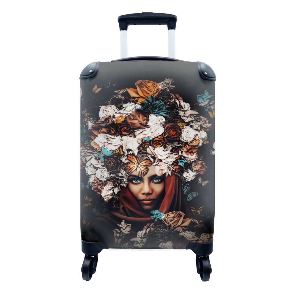 MuchoWow Koffer Handgepäck Trolley Rollkoffer Kleine Reisekoffer mit 4 Rollen - Blumen - Schmetterling - Frauen - Kopftuch - Cabin Size < 55x40x...