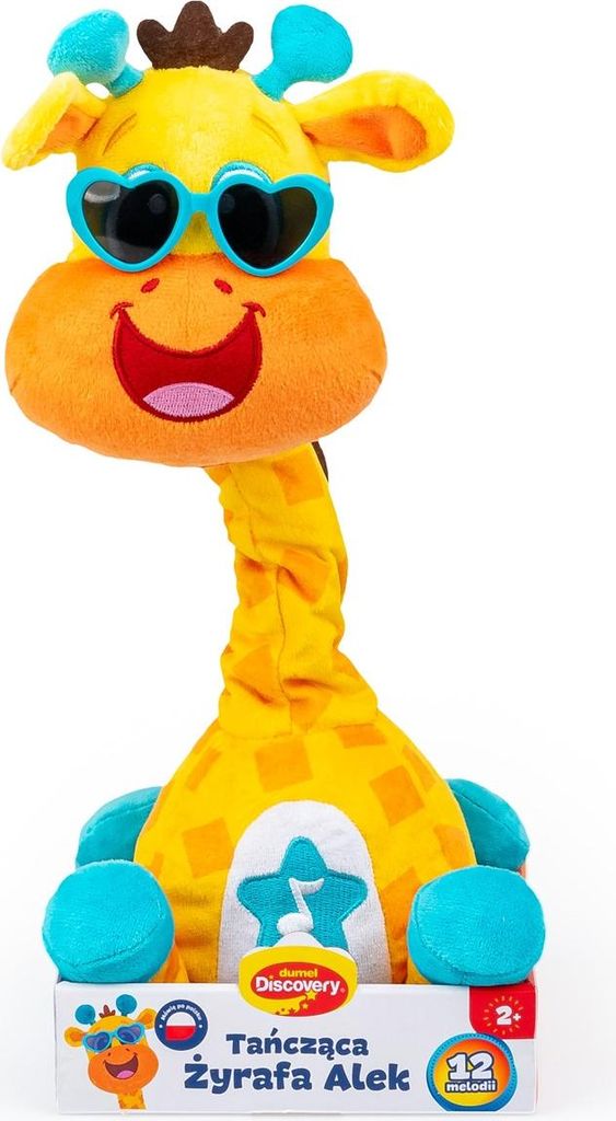 A plush toy giraffe wearing heart-shaped sunglasses and a crown, sitting in its packaging.