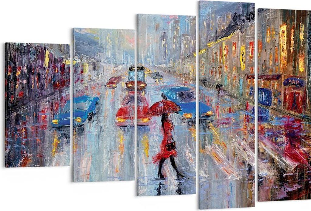 Bild auf Leinwand - Leinwandbild - 5 Teile - Acryl Stadt Regen - 150x100cm - Wand Bild - Wanddeko - Wandbilder - Leinwanddruck - Bilder - Wanddekor...