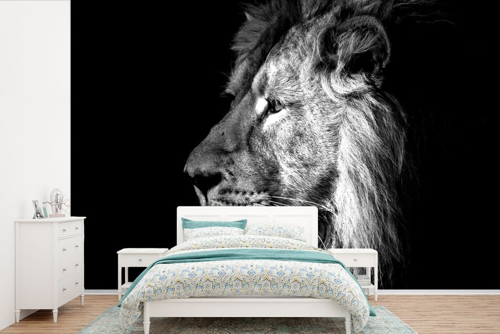 MuchoWow Fototapete für Wohnzimmer oder Schlafzimmer Wandtapete Vinyl Motivtapete Löwe auf schwarzem Hintergrund - schwarz und weiß - 525x350 ...