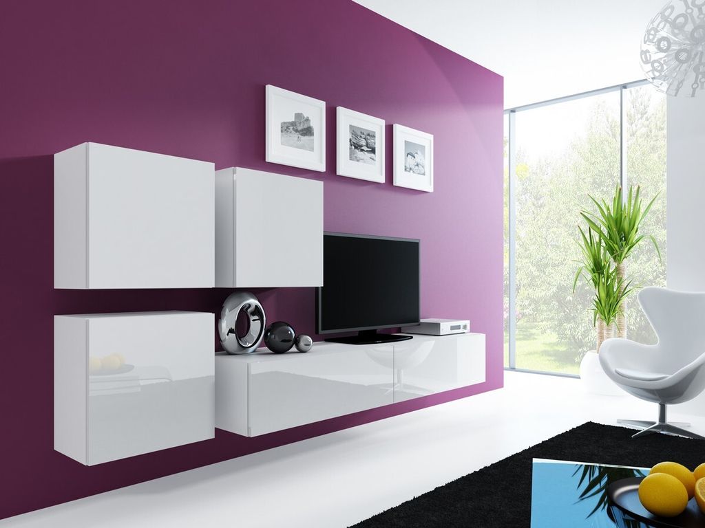 Furniture24 Wohnwand VIGO 23, Desing Mediawand, Modernes Anbauwand mit 3 Türen und 2 Klaptüren, Hängeschrank Tv Lowboard Weiß / Weiß Hochglanz