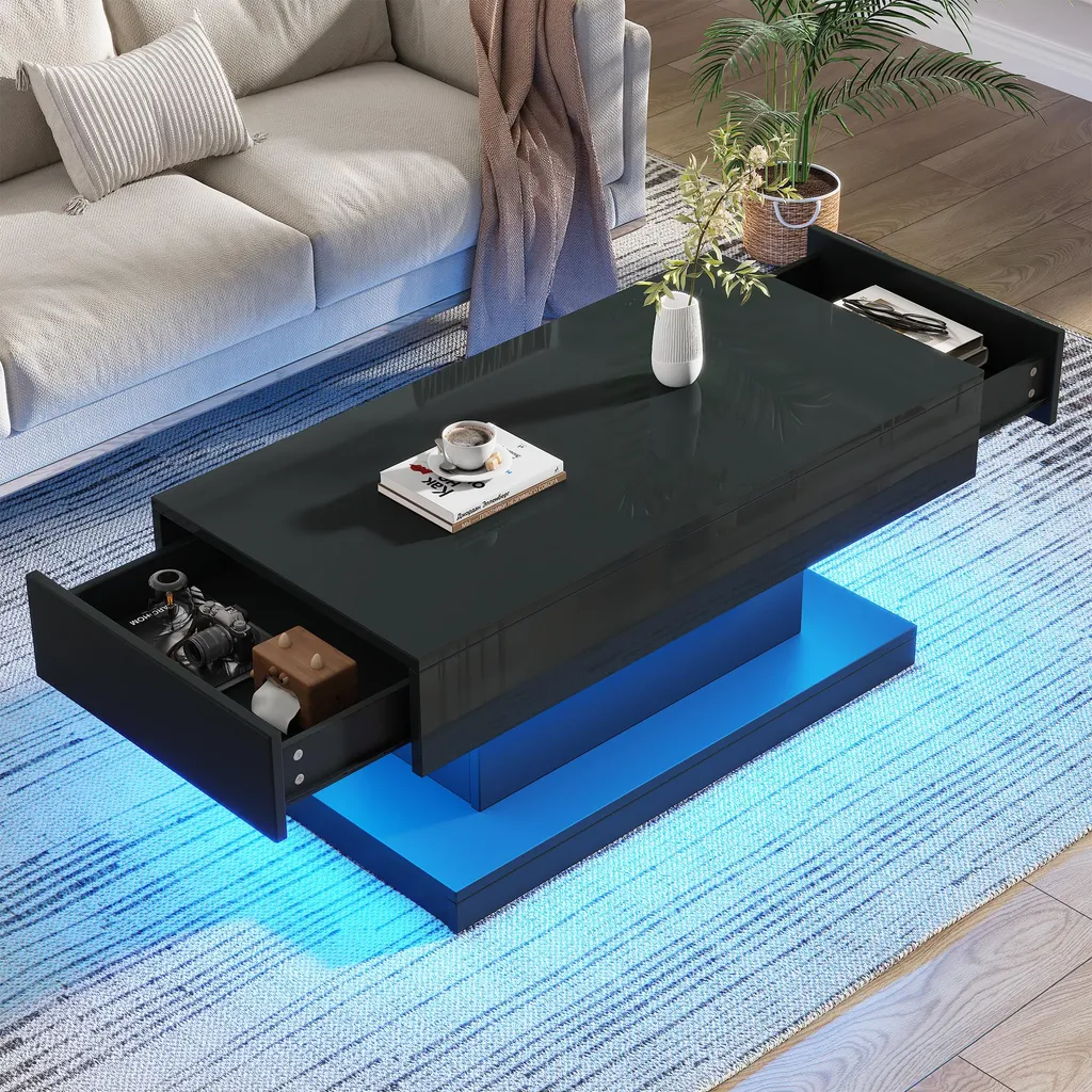 Miglior Prezzo Tavolino Merax Nero Lucido LED 100cm con Cassetti