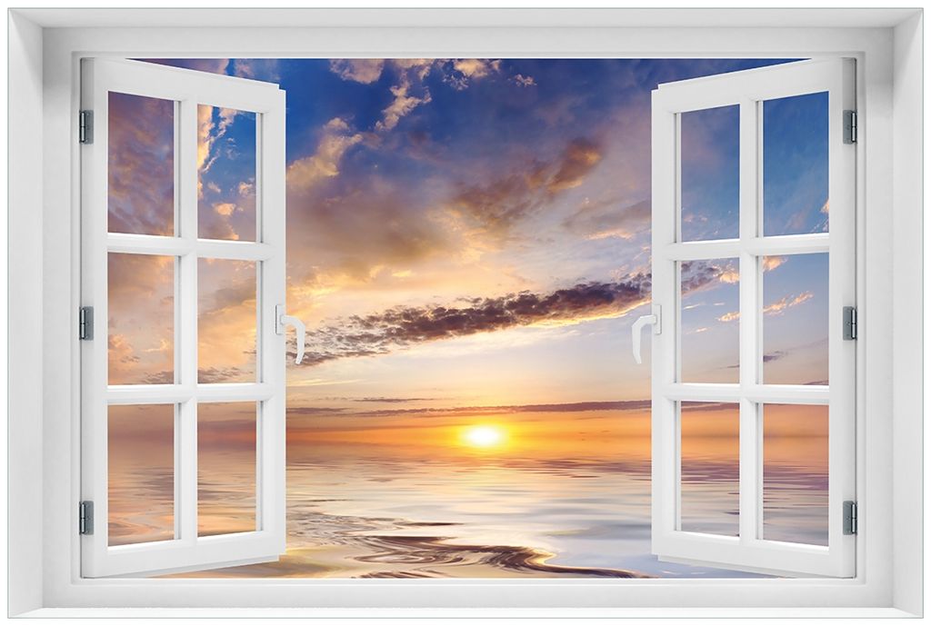 Wallario Premium Glasbild mit Fensterrahmen, freischwebende Optik, kräftige Farben, Größe 60 x 90 cm Motiv Sonnenuntergang über dem Wasser