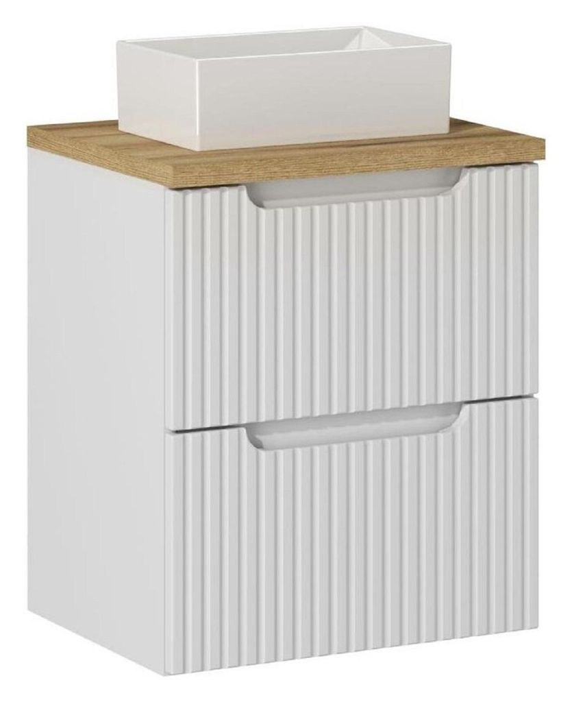 Badmöbel-Set - Mit Arbeitsplatte Aufsatzwaschbecken & Unterschrank 50 cm Zwei Schubladen, Nova White N BM107 - Weiß/ Evoke Eiche