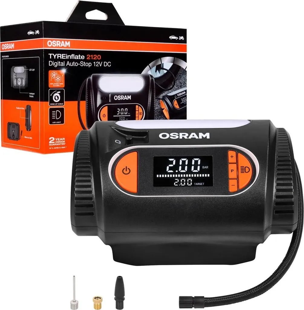 Compressore d'aria Pompa per pneumatici max. 6,9 bar Display LCD 12V OSRAM TYREinflate 2120