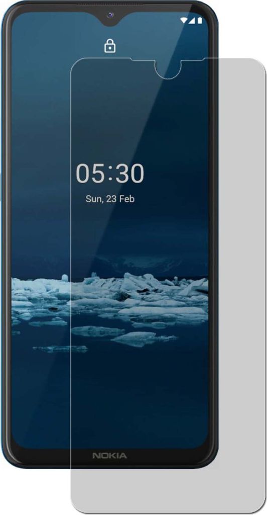 A smartphone screen protector is shown on top of a smartphone.