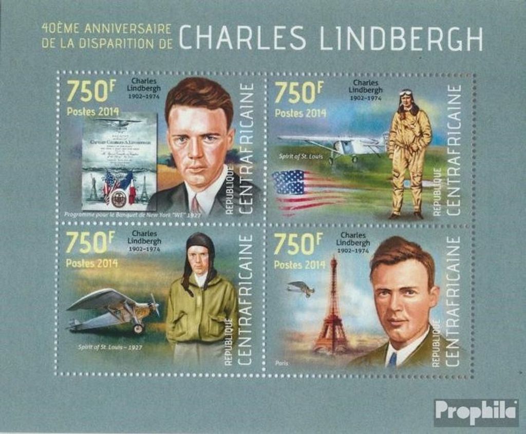 Briefmarken Zentralafrikanische Republik 2014 Mi 4535-4538 Kleinbogen (kompl. Ausgabe) postfrisch Karl Lindbergh