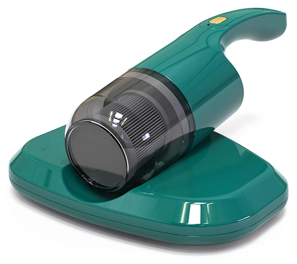 A green handheld vacuum cleaner with a transparent dustbin and filter sits on its charging base.