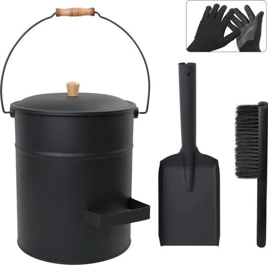 Seau à cendres 15L en bois naturel avec pelle et brosse de précision