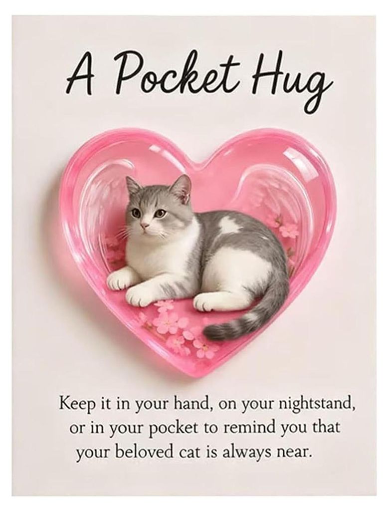 Katzen-Gedenk-Taschenumarmung mit inspirierender Karte – Emotionale Unterstützung – Herzförmiger Anhänger einer schlafenden Katze – Erinne...