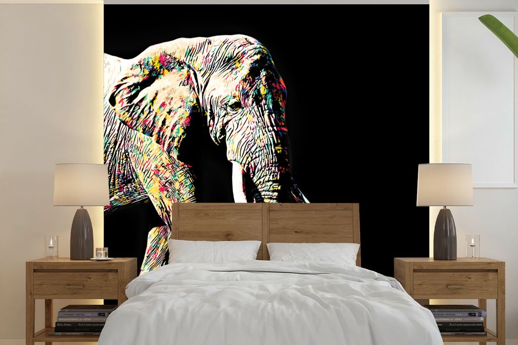 MuchoWow Fototapete für Wohnzimmer oder Schlafzimmer Wandtapete Vinyl Motivtapete Elefant - Tiere - Farben - 280x280 cm - Hintergrundbild