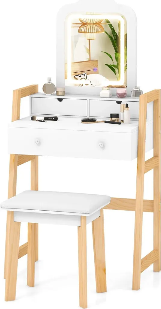 Coiffeuse Miroir LED Anti-Ombre avec 3 Tiroirs - Pack Complet en Bois
