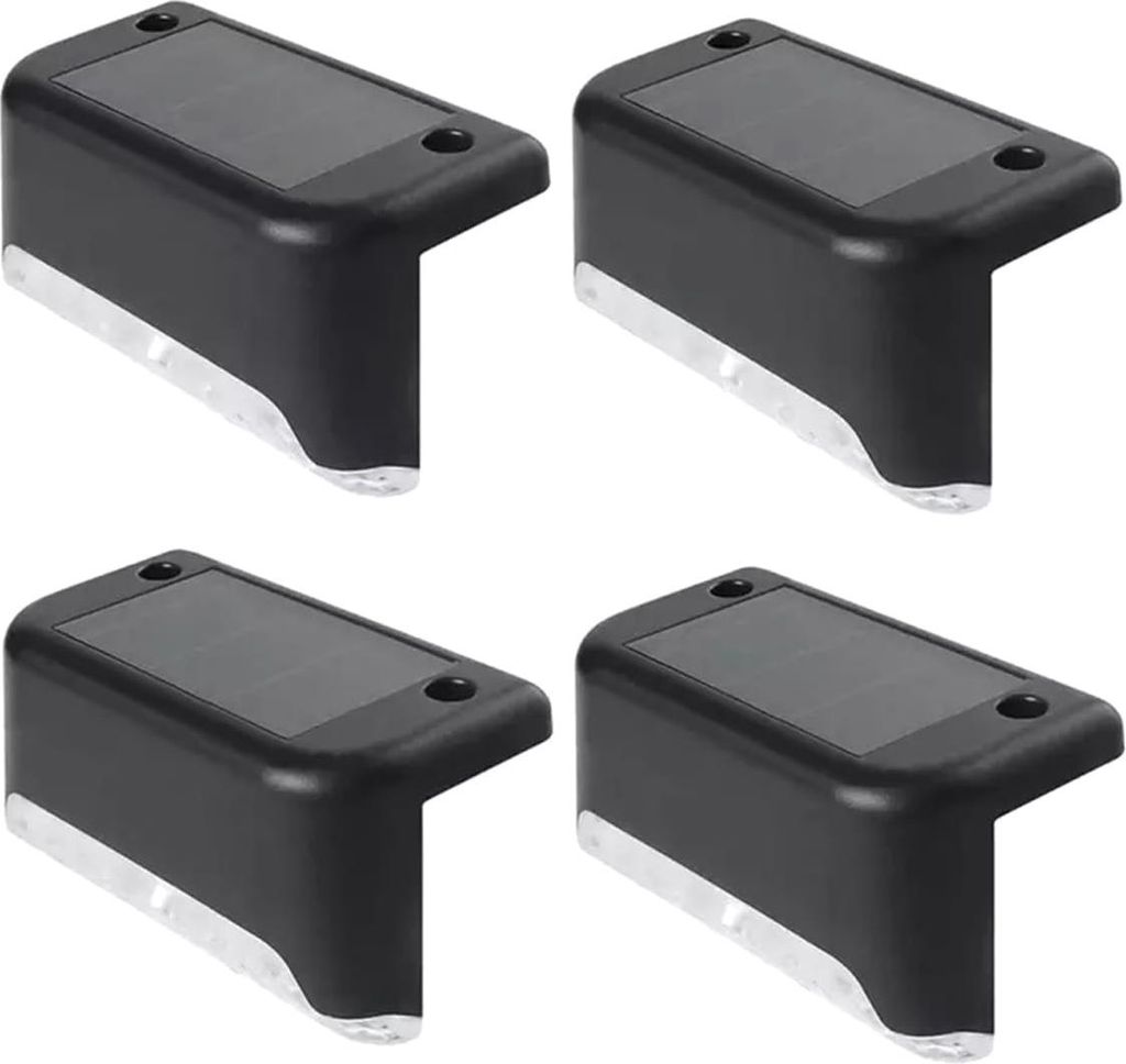Four black solar-powered LED step lights are arranged in a 2x2 grid against a white background.