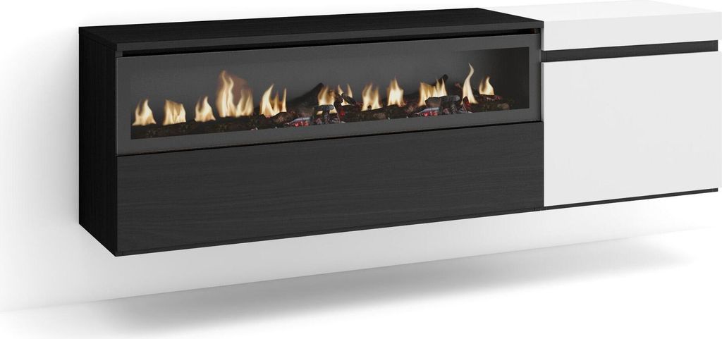 TV-Schrank, Lowboard, 150x35x45cm, Für TV-Geräte bis zu 65", Elektrokamin, Hängend, Weiß und Schwarz