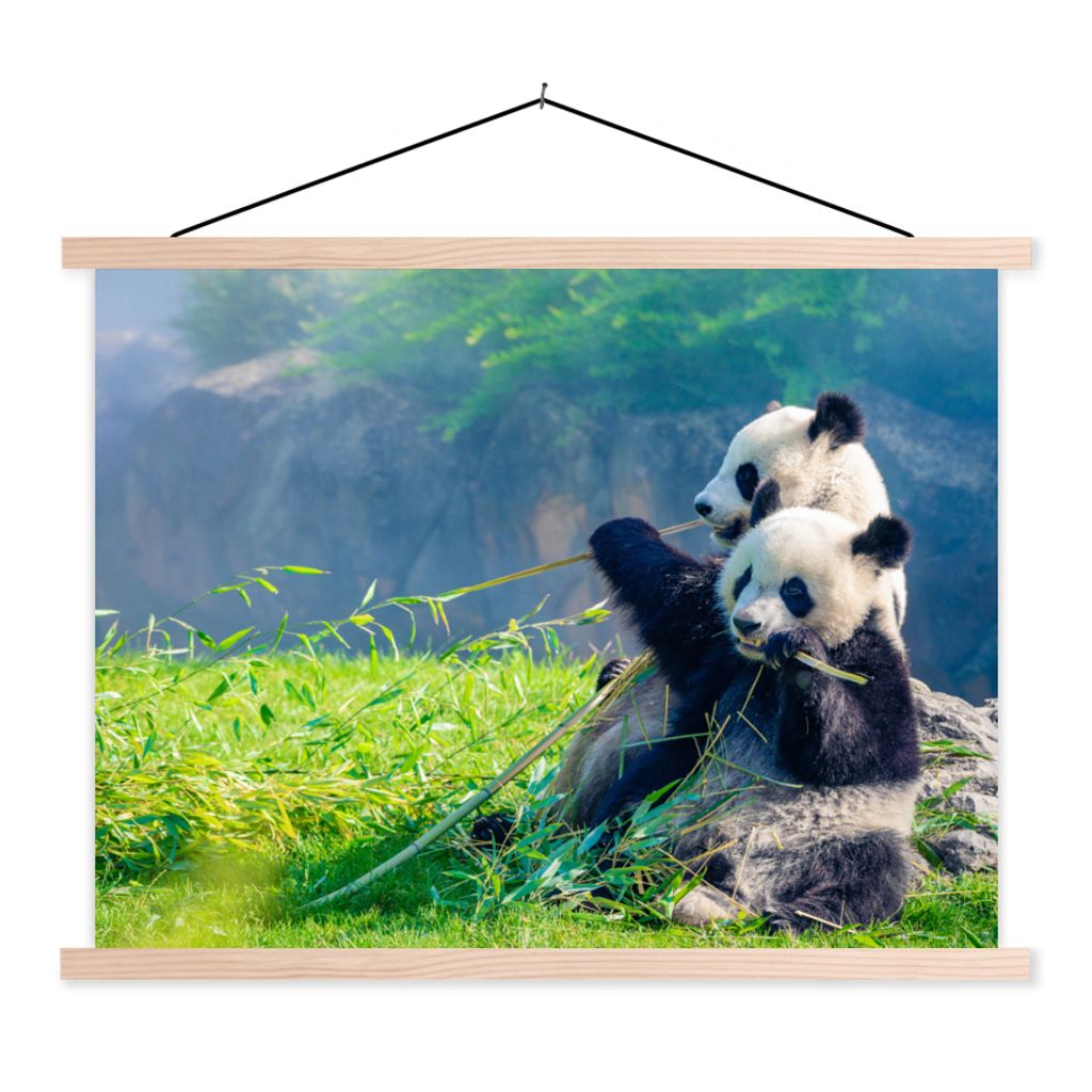 MuchoWow Textilposter Panda - Bambus - Gras - Tiere 40x30 cm mit holzfarbenen Rahmen - Bilder