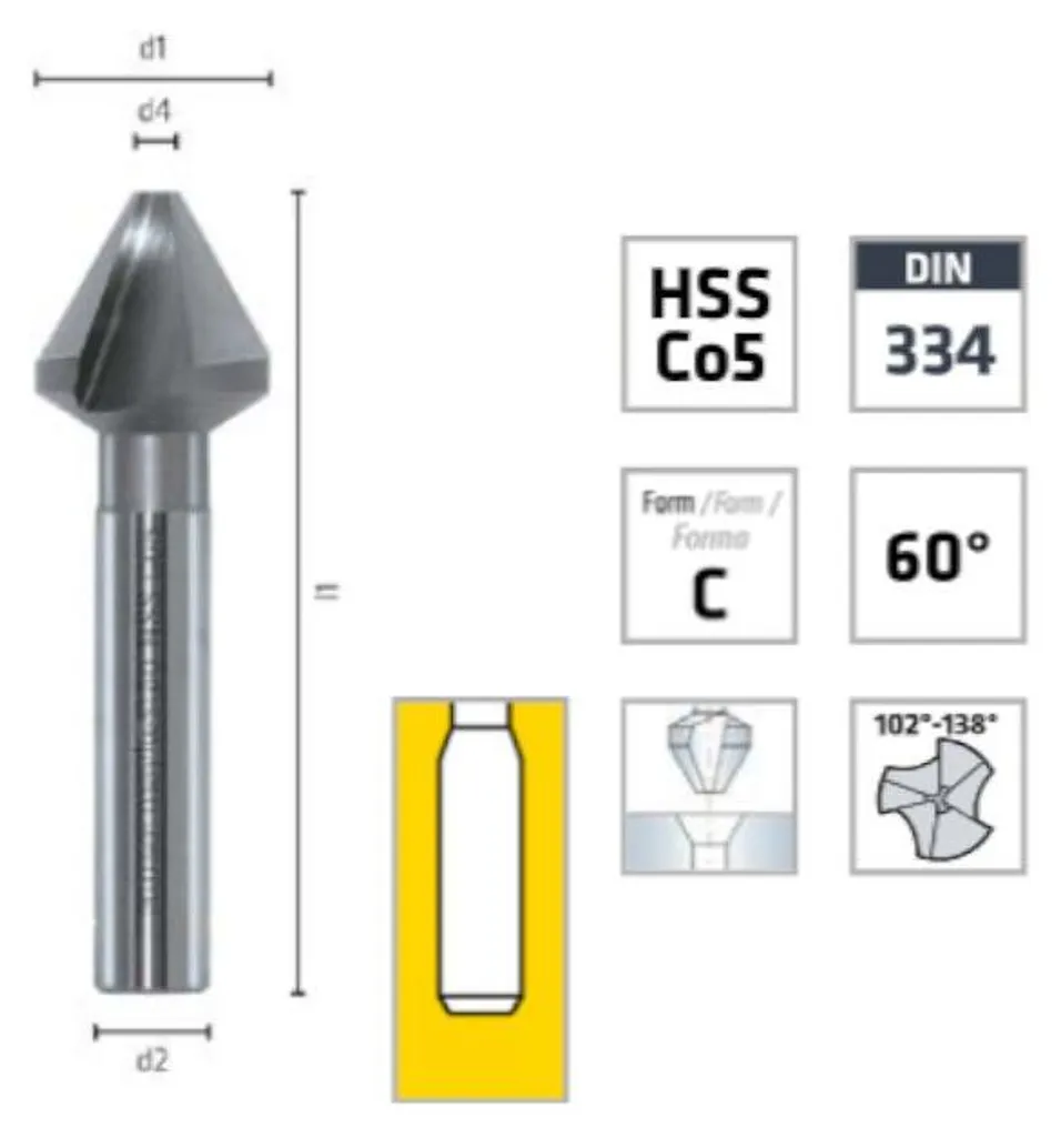 Fraise à lamer pour perçage métal 60° HSS Cobalt 10mm DIN 334 C Z3